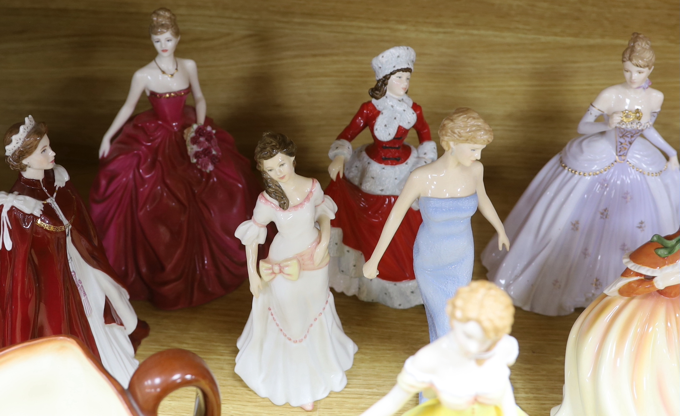 Collection of Royal Doulton, Coalport, Royal Worcester etc. figurines and small character jugs